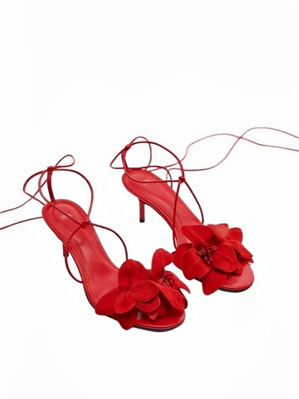 Zara Flower Lace Up Red Kitten Heels